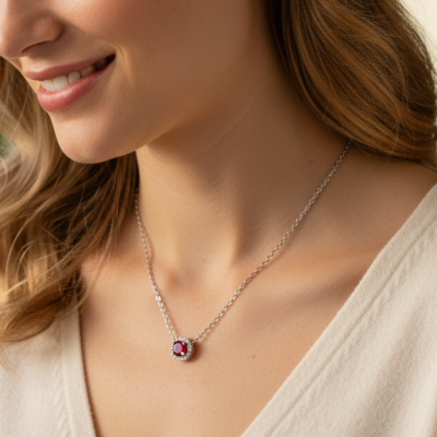 Naszyjnik srebrny  z rubinen otoczonym cyrkoniami