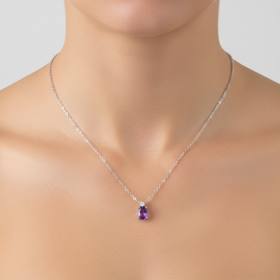 Naszyjnik srebrny z ametystem oraz cyrkonią