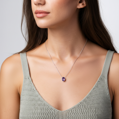 Naszyjnik srebrny z owalnym ametystem - kolekcja Rhapsody