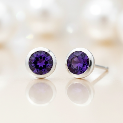 Kolczyki srebrne - ametyst otulony srebrem na sztyft