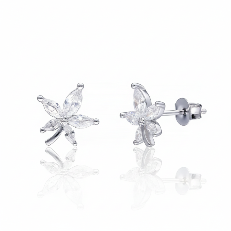 Kolczyki srebrne listki z cyrkoniami na sztyft