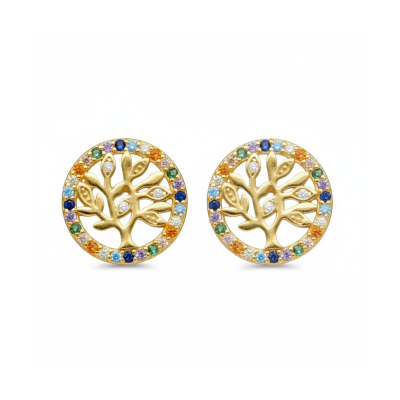 Kolczyki srebrne złocone drzewko szczęścia z kolorowymi cyrkoniami na sztyft