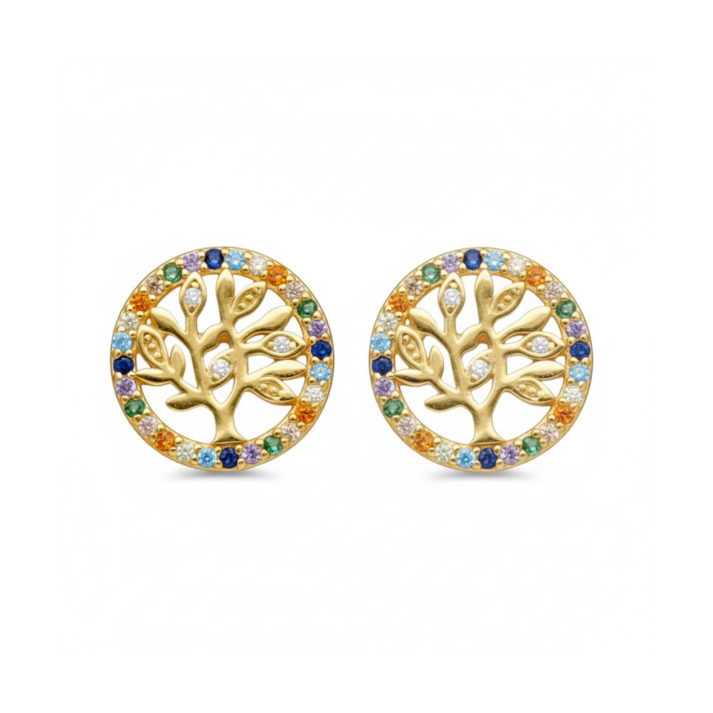 Kolczyki srebrne złocone drzewko szczęścia z kolorowymi cyrkoniami na sztyft