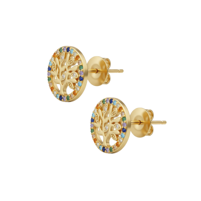 Kolczyki srebrne złocone drzewko szczęścia z kolorowymi cyrkoniami na sztyft