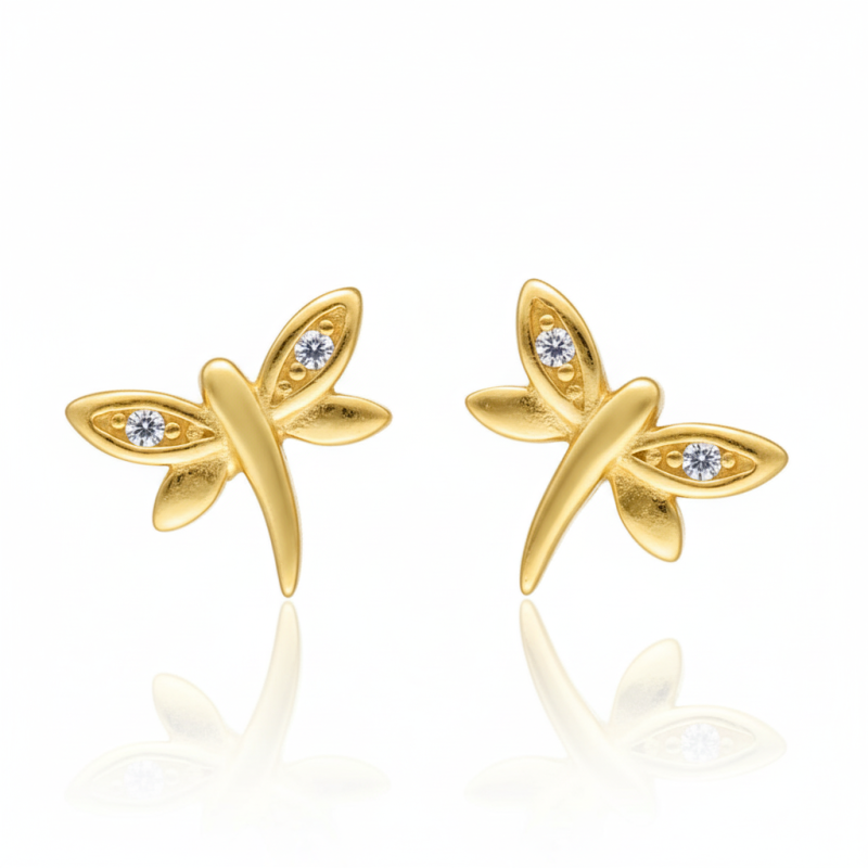 Kolczyki srebrne złocone ważki z cyrkonią na sztyft