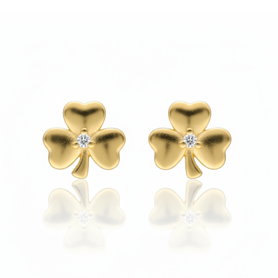 Kolczyki srebrne złocone koniczynki z cyrkonią na sztyft