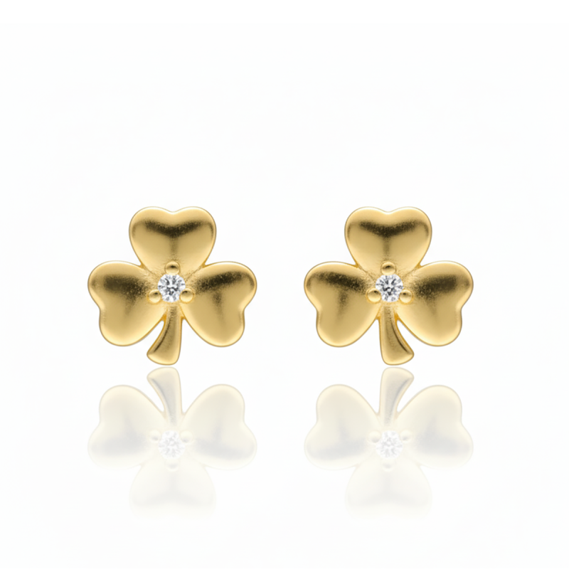 Kolczyki srebrne złocone koniczynki z cyrkonią na sztyft