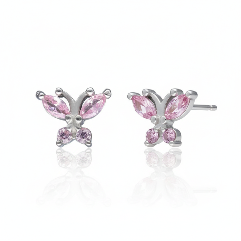 Kolczyki srebrne różowe motylki na sztyft