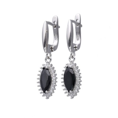 Komplet srebrny zawieszka kolczyki z czarną cyrkonią w kształcie markizy