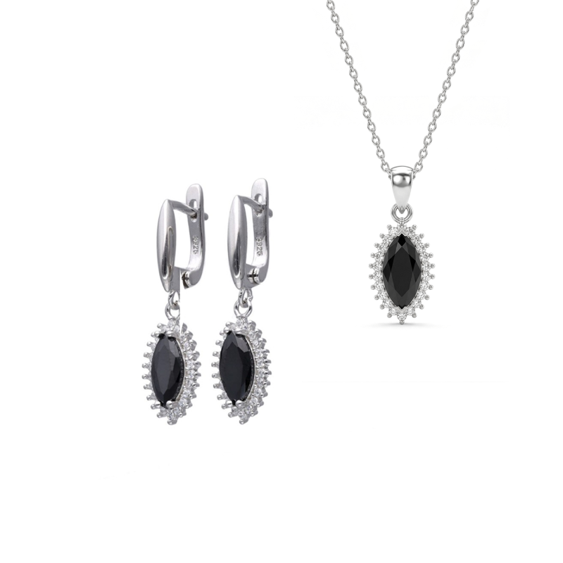 Komplet srebrny zawieszka kolczyki z czarną cyrkonią w kształcie markizy