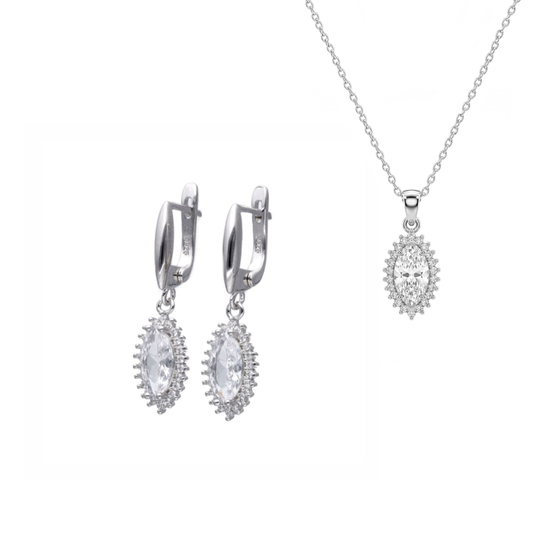 Komplet srebrny zawieszka kolczyki z białą cyrkonią w kształcie markizy