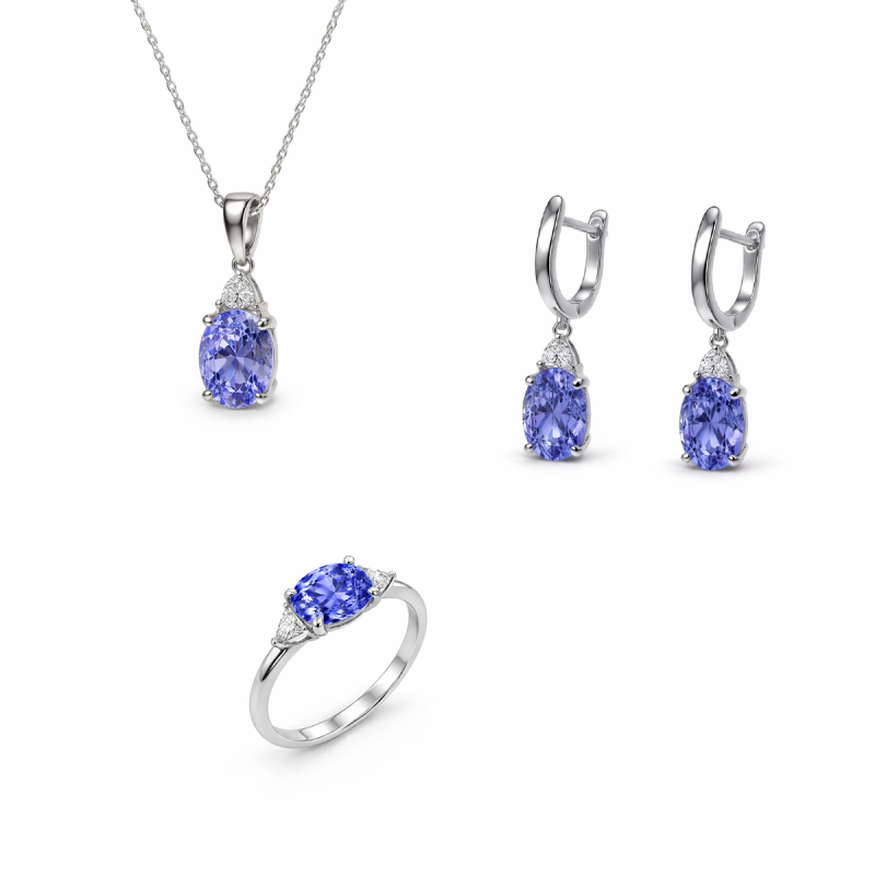 Komplet srebrny zawieszka kolczyki wiszące pierścionek - fioletowy