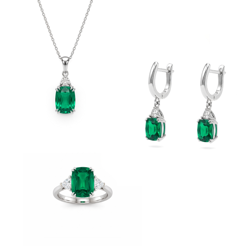 Komplet srebrny zawieszka kolczyki wiszące pierścionek zielony