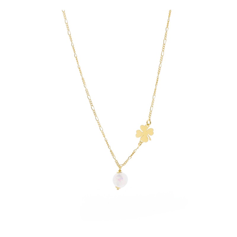 Naszyjnik pozłacany z perełką oraz koniczynką na łańcuszku o splocie figrao