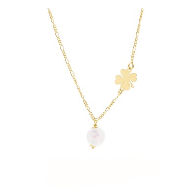 Naszyjnik pozłacany z perełką oraz koniczynką na łańcuszku o splocie figrao